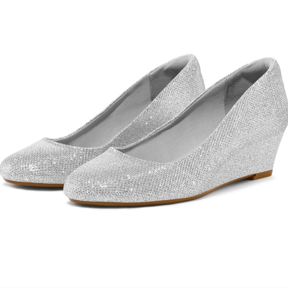 Mysoft Women's Wedge Pumps Closed Toe Low Heel Dress Shoes Silver Size 6.5